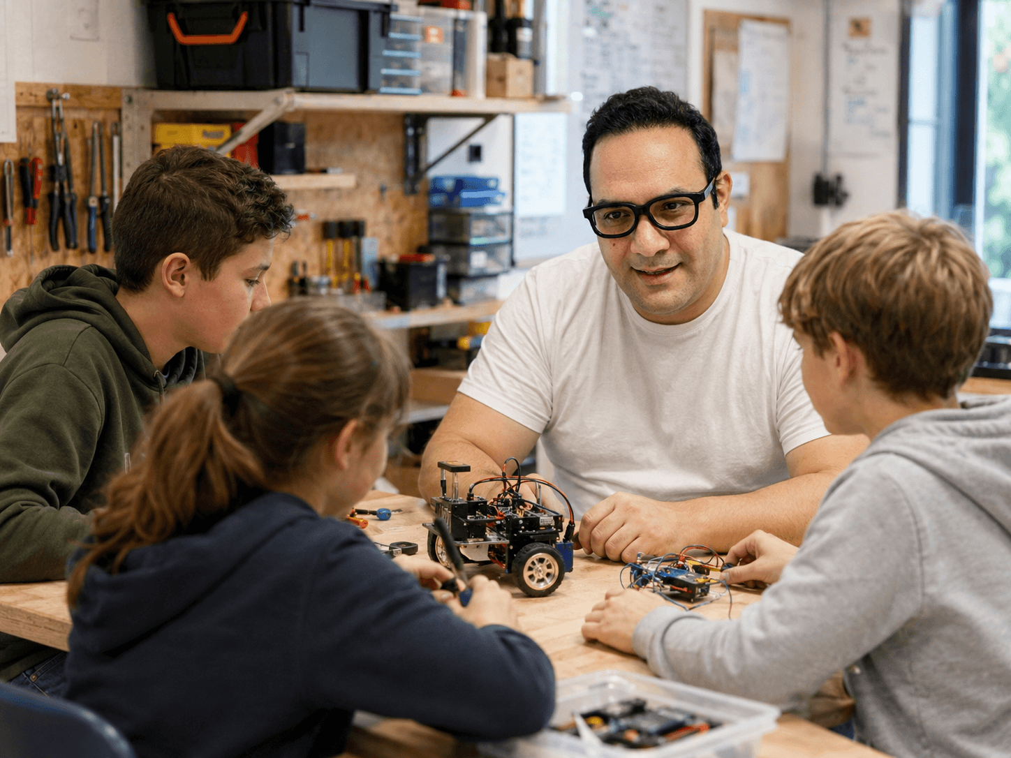 Ein Kursleiter arbeitet gemeinsam mit Kindern an einem technischen Projekt.