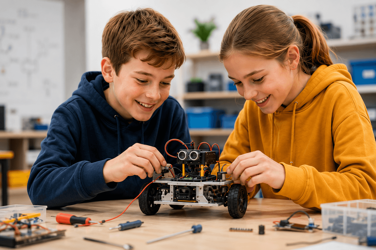 Zwei Kinder bauen gemeinsam einen kleinen Roboter.