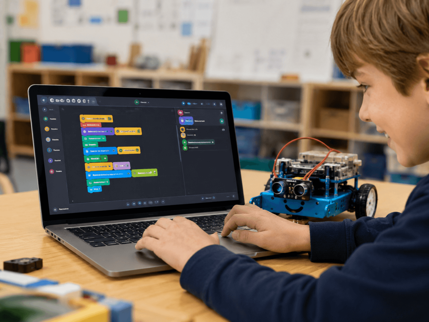 Kinder programmieren einen Roboter an einem Laptop.