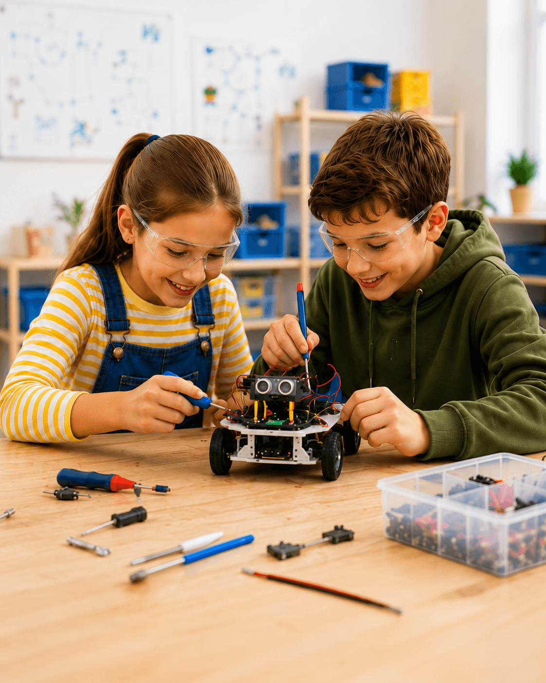 Zwei Kinder bauen gemeinsam einen Roboter.