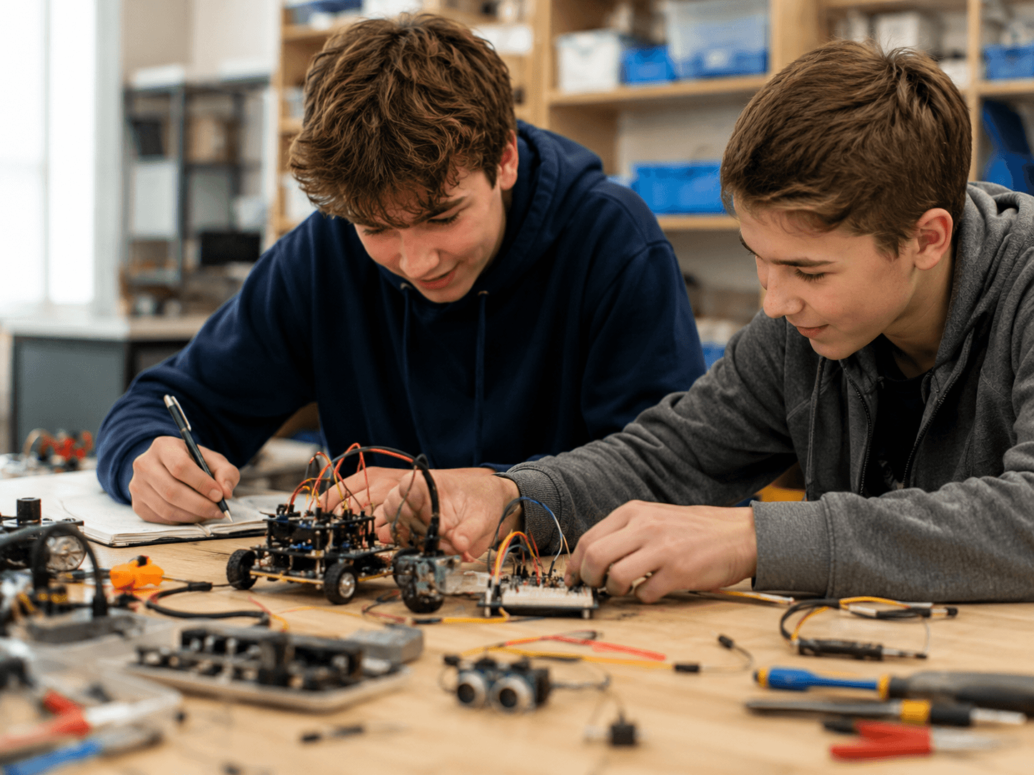 Jugendliche arbeiten gemeinsam an Elektronikprojekten.