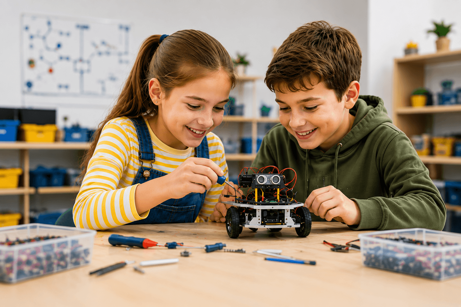 Zwei Kinder arbeiten gemeinsam an einem Roboter.