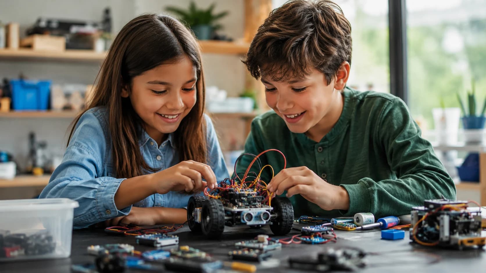Zwei Kinder bauen gemeinsam einen kleinen Roboter.
